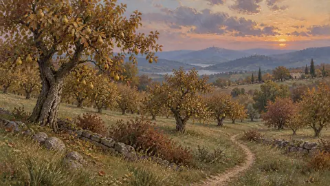 Landscape Frame TV art – Autumn Orchard at Dusk, impressionist oil