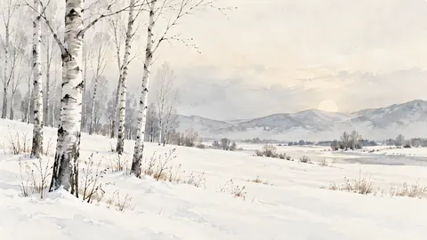 Minimalist Frame TV art – Birches in Winter Light, minimal watercolor