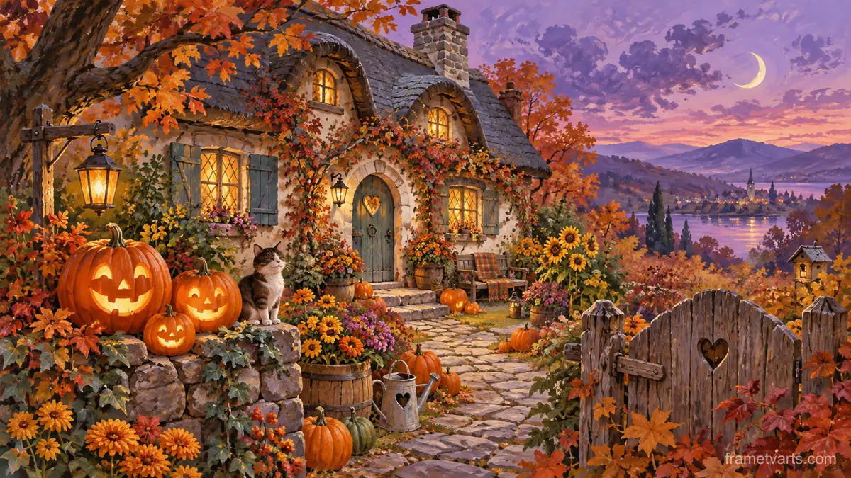 Pumpkin Cottage – storybook gouache Samsung Frame TV art, 4K