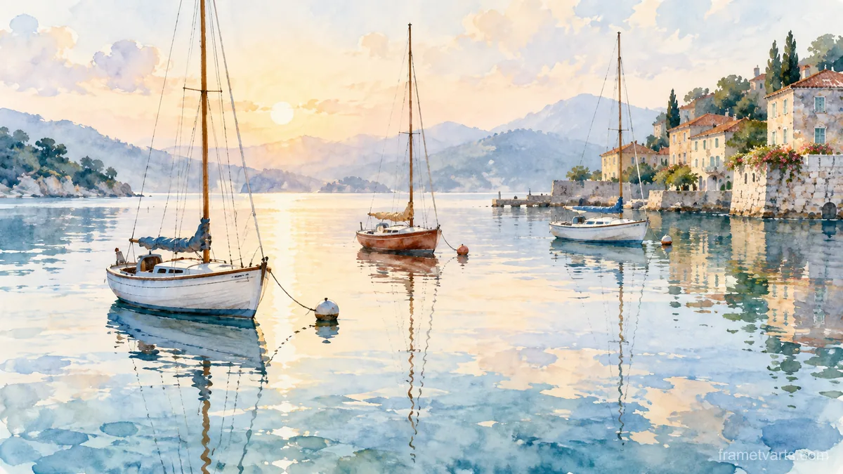 Sailboats at Dawn – loose watercolor Samsung Frame TV art, 4K