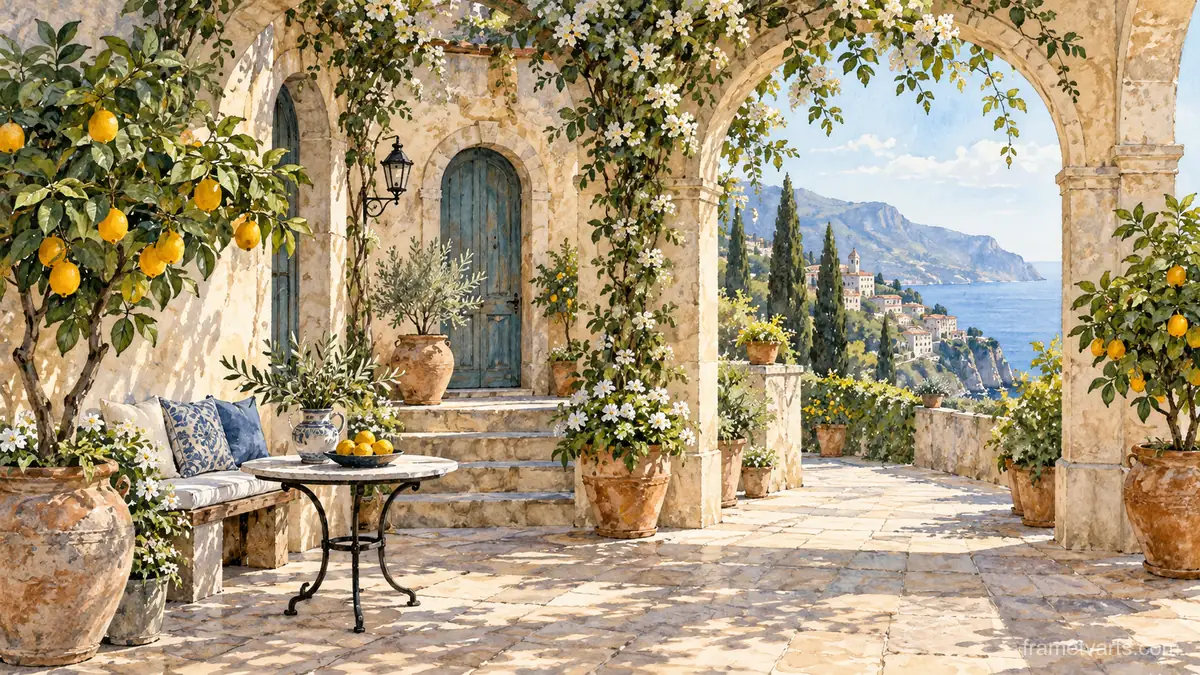 Courtyard in Morning Light – architectural watercolor Samsung Frame TV art, 4K