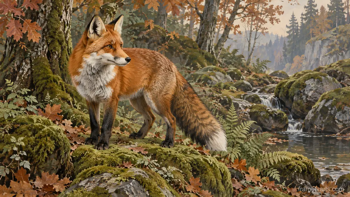 Fox at the Forest Edge – naturalist gouache Samsung Frame TV art, 4K
