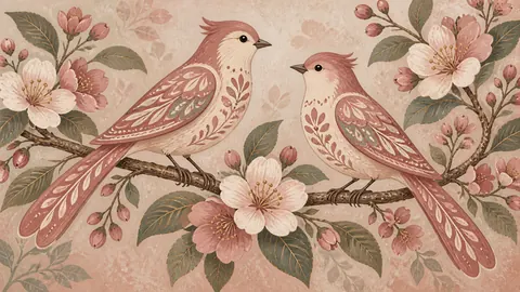 Celebration Frame TV art – Lovebirds and Blossom, decorative folk illustration