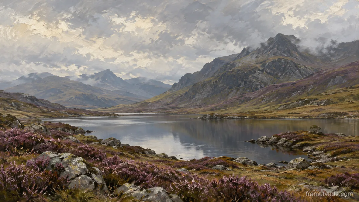 Highland tarn beneath heather slopes – tonal oil painting Samsung Frame TV art, 4K