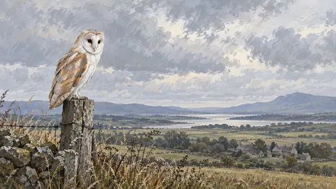 Barn owl on a weathered fence post – naturalist gouache Frame TV art