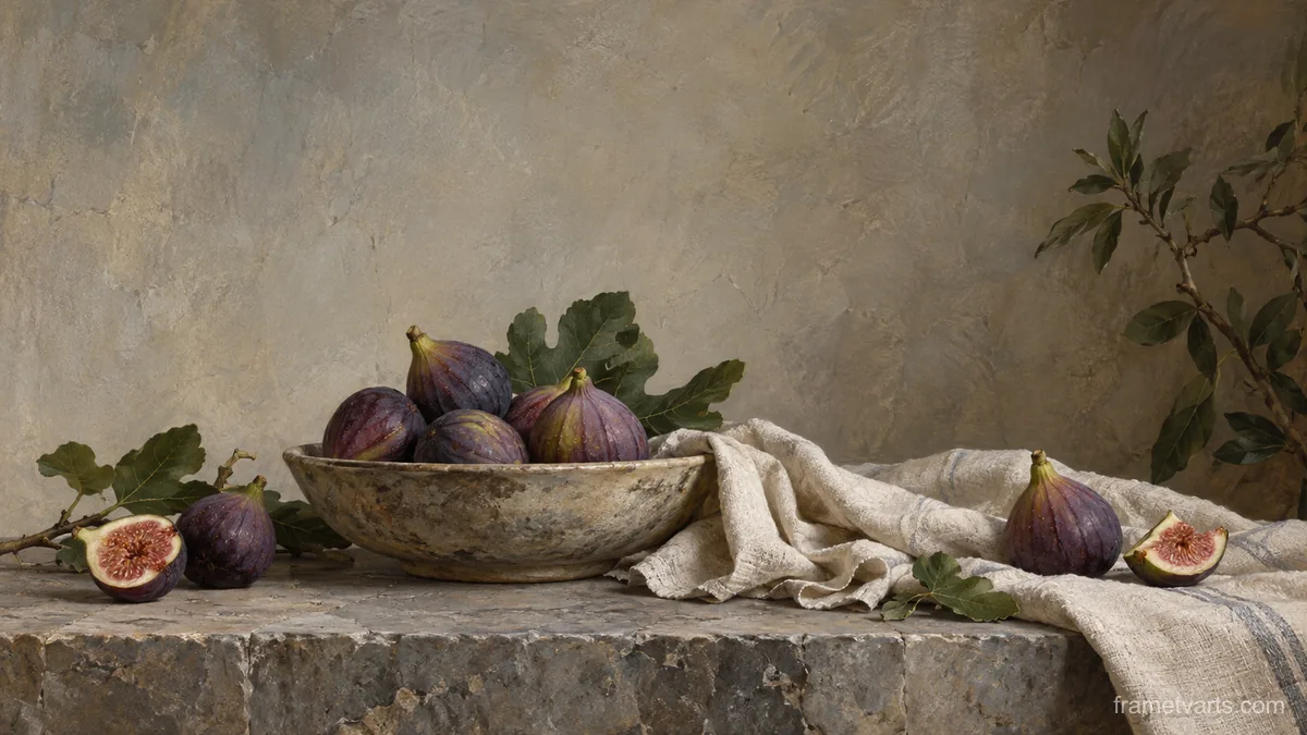 Figs and a linen napkin on a stone table – classical oil still life Samsung Frame TV art, 4K