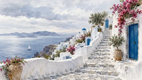 Whitewashed island steps with blue doors – architectural watercolor Frame TV art