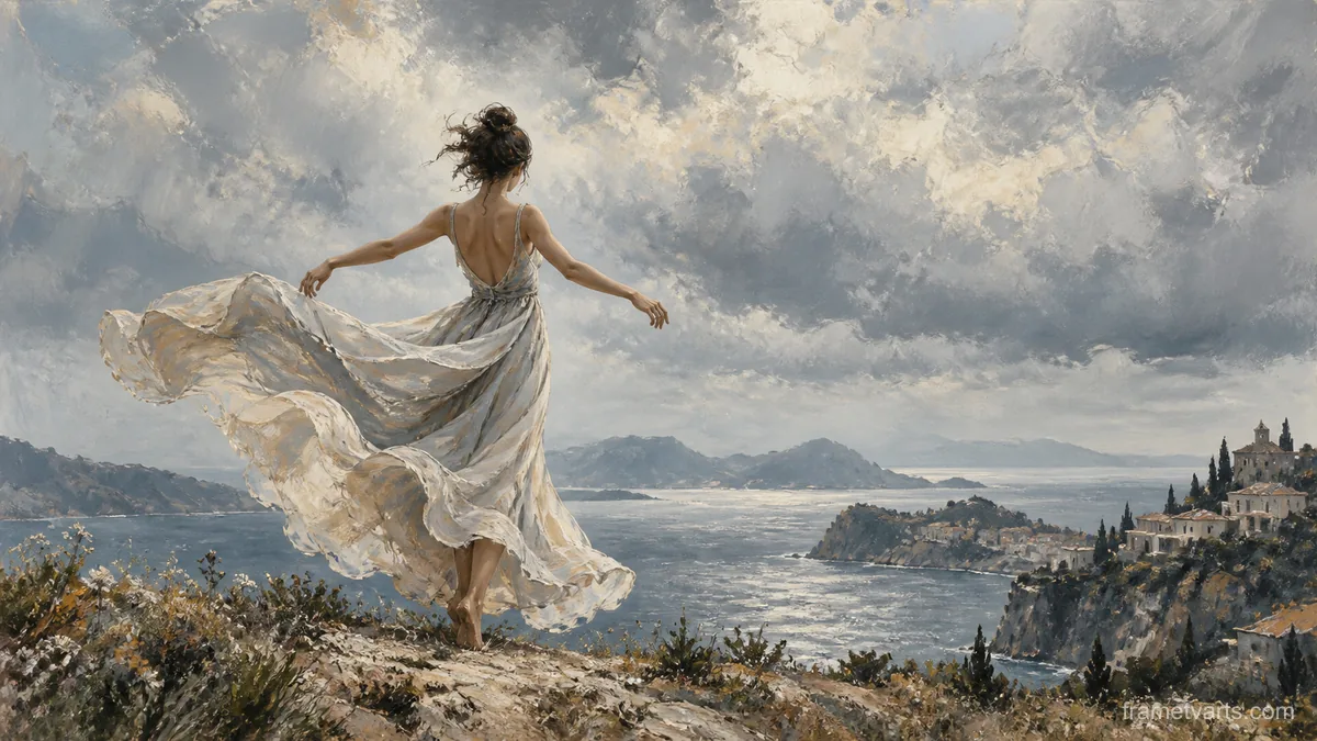 Anonymous dancer in a flowing dress seen from behind – expressive figurative painting Samsung Frame TV art, 4K