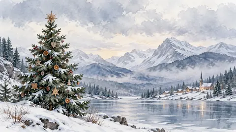 Christmas evergreen with handmade-looking plain ornaments – elegant watercolor Frame TV art