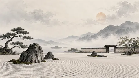 Quiet zen rock garden with carefully raked sand – minimal ink and wash Frame TV art