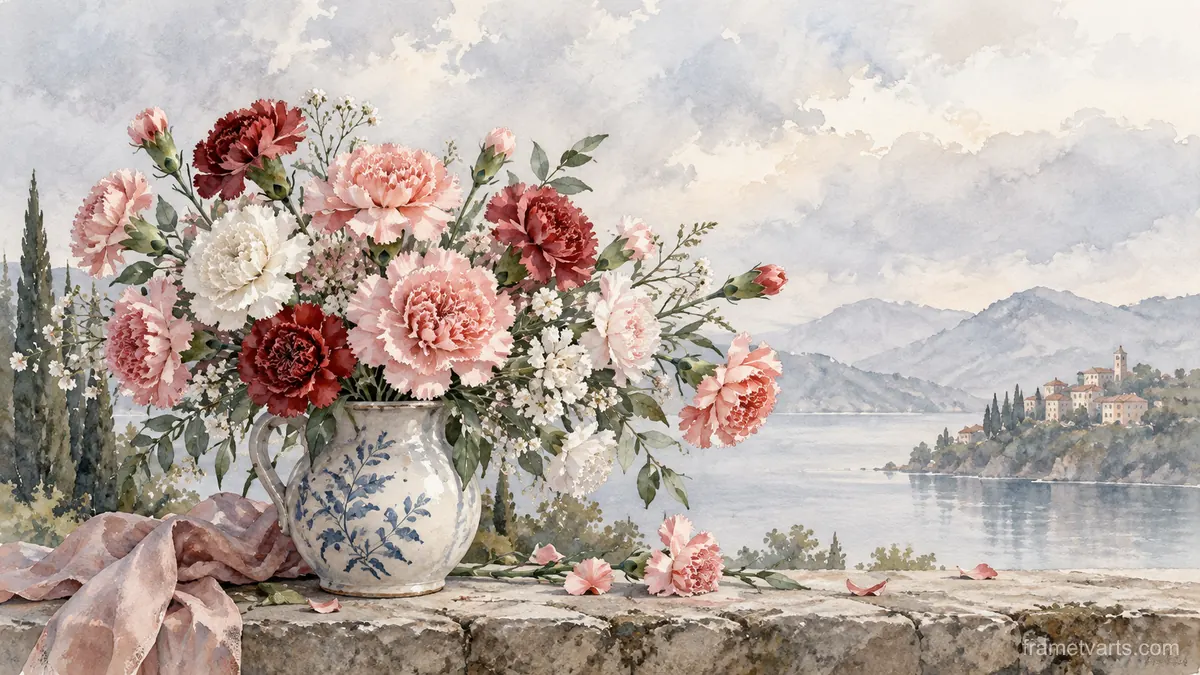Birth-flower-inspired bouquet of carnations – delicate watercolor keepsake composition Samsung Frame TV art, 4K