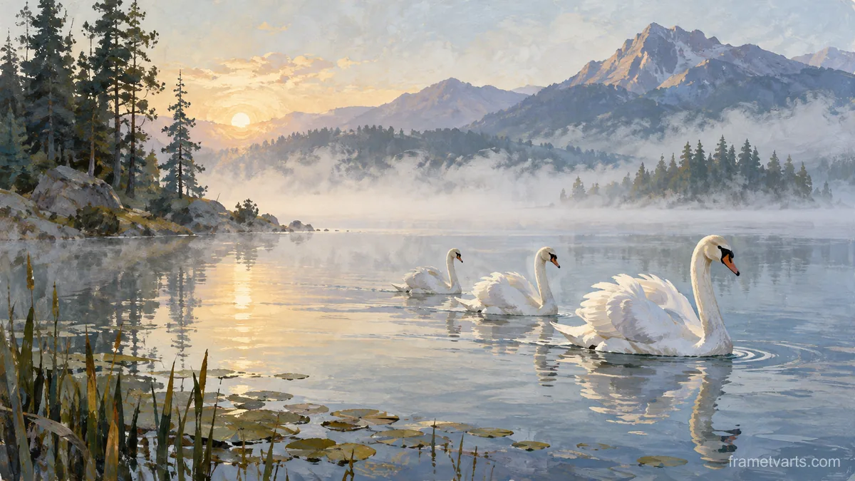 White swans crossing a misty lake – naturalist gouache Samsung Frame TV art, 4K