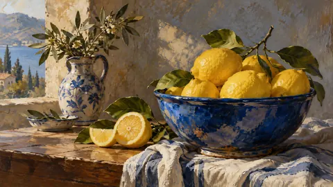 Lemons in a blue ceramic bowl – classical oil still life Frame TV art
