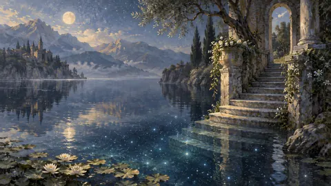 Moonlit staircase leading into a starry lake – magical realist oil painting Frame TV art