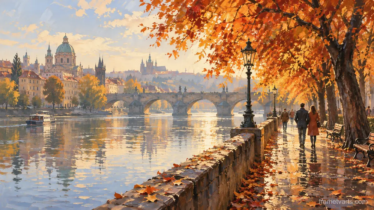 Small figures strolling beneath autumn trees – expressive figurative painting Samsung Frame TV art, 4K