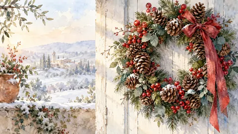 Christmas wreath of pine cones and winter berries – elegant watercolor Frame TV art