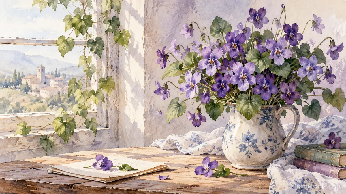 Birth-flower-inspired bouquet of violets – delicate watercolor keepsake composition Samsung Frame TV art, 4K
