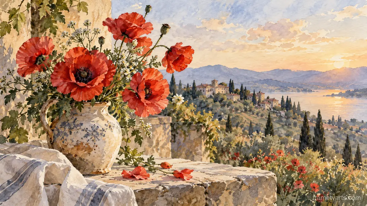 Scarlet poppies in a loose ceramic vase – botanical watercolor Samsung Frame TV art, 4K