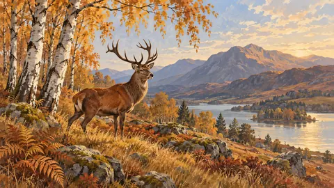 Red deer beneath autumn birches – naturalist gouache Frame TV art