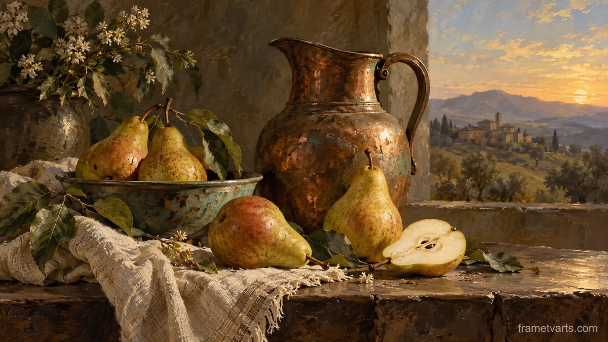 Pears beside a weathered copper jug – classical oil still life Samsung Frame TV art, 4K