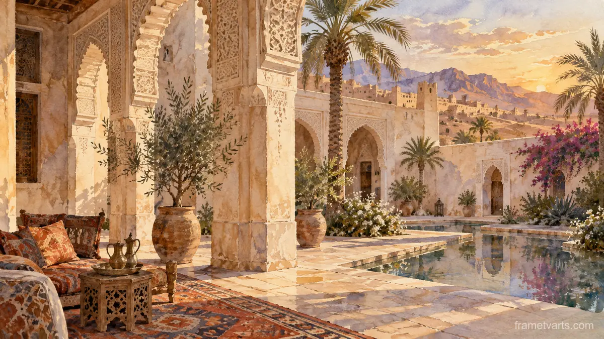 Desert courtyard with carved plaster arches – architectural watercolor Samsung Frame TV art, 4K