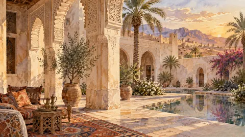 Desert courtyard with carved plaster arches – architectural watercolor Frame TV art