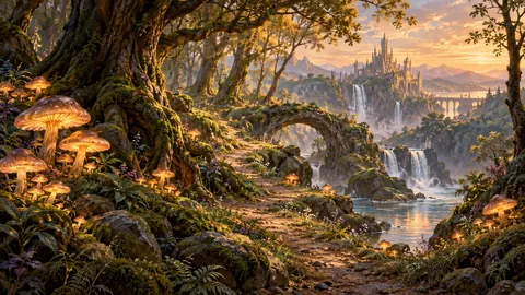 Enchanted forest with luminous mushrooms – magical realist oil painting Frame TV art