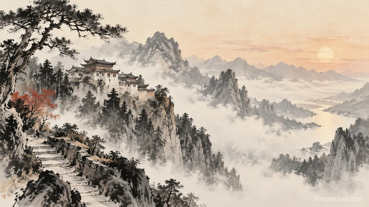 Mountain monastery at dawn – minimal ink and wash Samsung Frame TV art, 4K