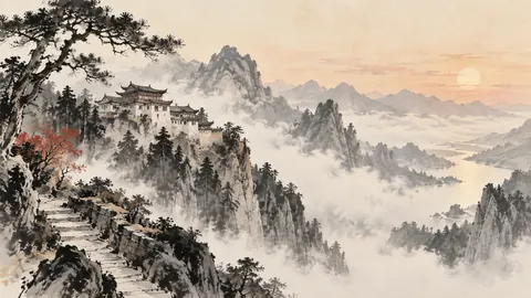 Mountain monastery at dawn – minimal ink and wash Frame TV art