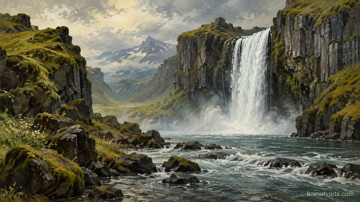 Waterfall between mossy basalt cliffs – tonal oil painting Samsung Frame TV art, 4K
