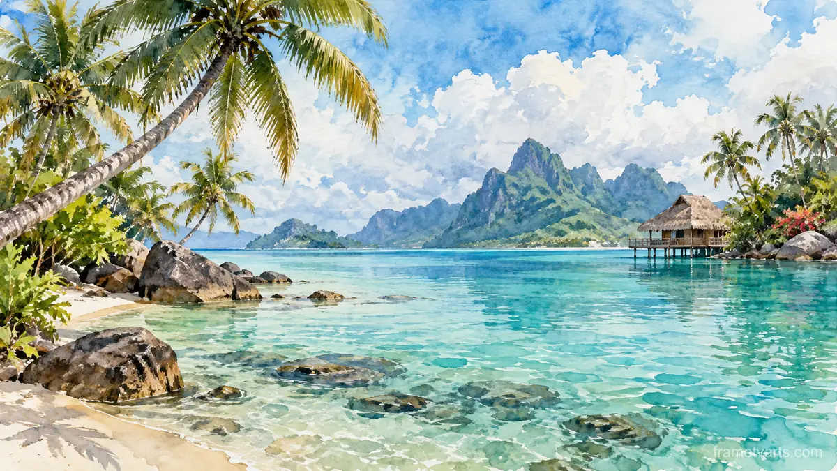 Tropical lagoon beneath leaning palms – coastal watercolor Samsung Frame TV art, 4K