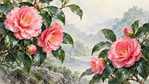 Pink camellias above glossy leaves – botanical watercolor Frame TV art