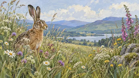 Hare among flowering meadow grasses – naturalist gouache Frame TV art