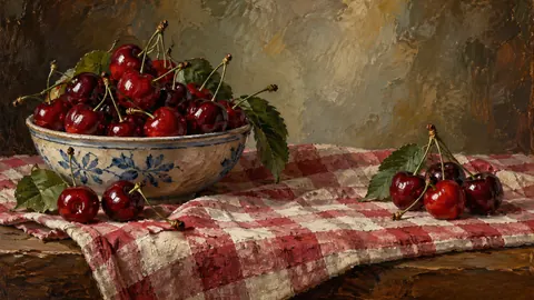 Cherries on a folded checked cloth – classical oil still life Frame TV art