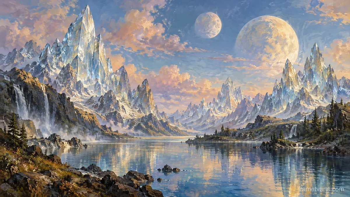 Glasslike mountain peaks below twin moons – magical realist oil painting Samsung Frame TV art, 4K