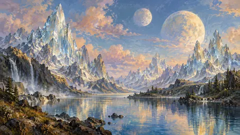 Glasslike mountain peaks below twin moons – magical realist oil painting Frame TV art