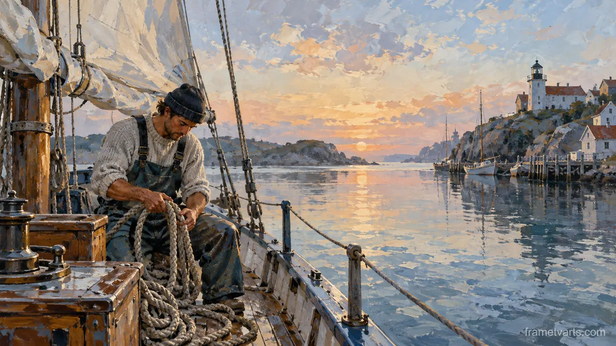 Sailor preparing ropes on a quiet boat – expressive figurative painting Samsung Frame TV art, 4K