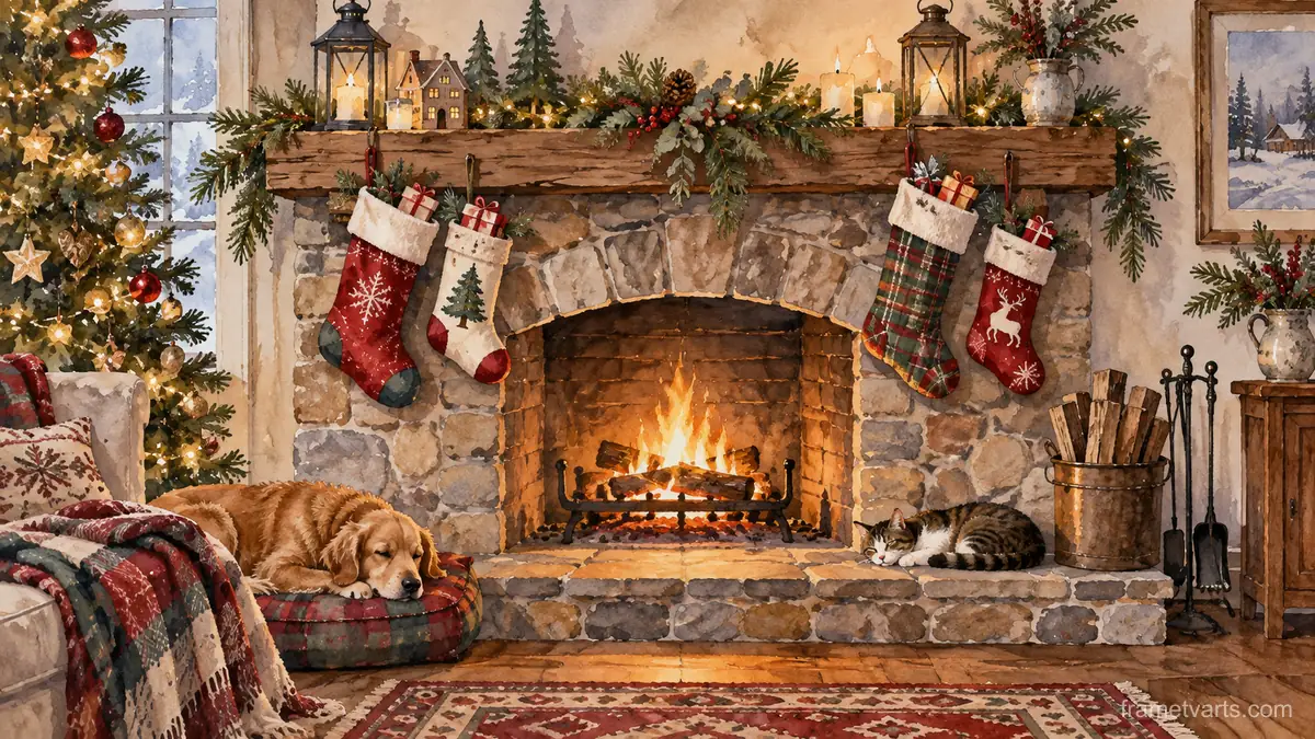 Christmas stockings above a stone hearth – elegant watercolor Samsung Frame TV art, 4K