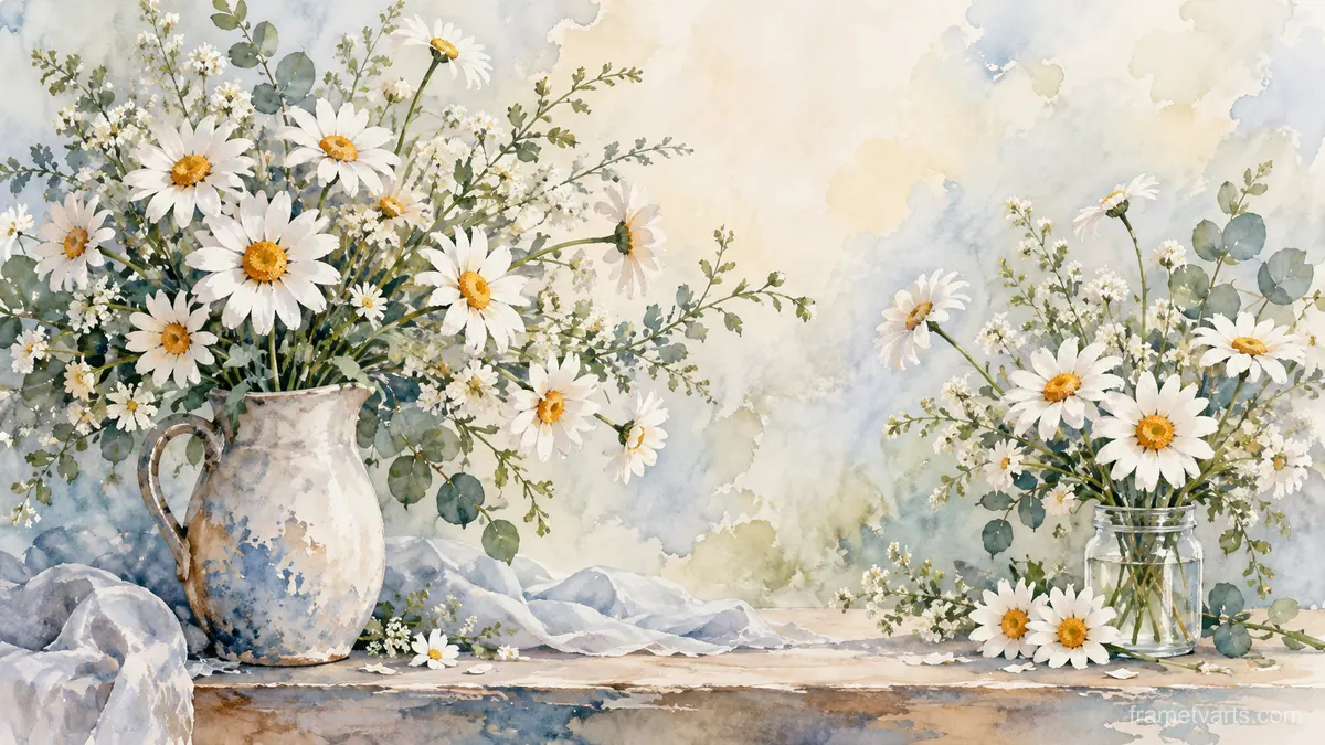 Birth-flower-inspired bouquet of daisies – delicate watercolor keepsake composition Samsung Frame TV art, 4K