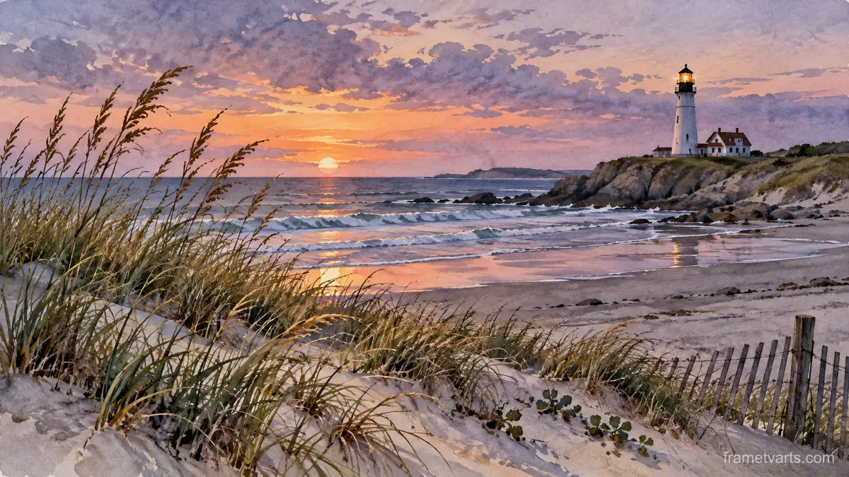 Dune grass and a distant lighthouse – coastal watercolor Samsung Frame TV art, 4K