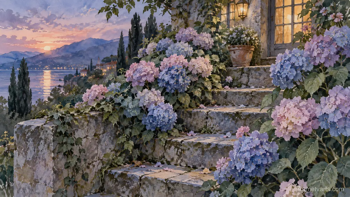 Hydrangeas spilling over weathered garden steps – botanical watercolor Samsung Frame TV art, 4K