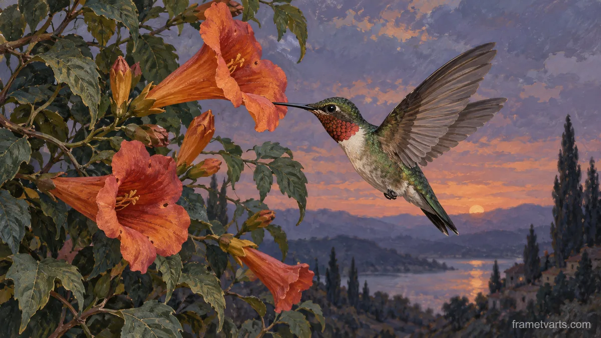 Hummingbird hovering beside trumpet flowers – naturalist gouache Samsung Frame TV art, 4K