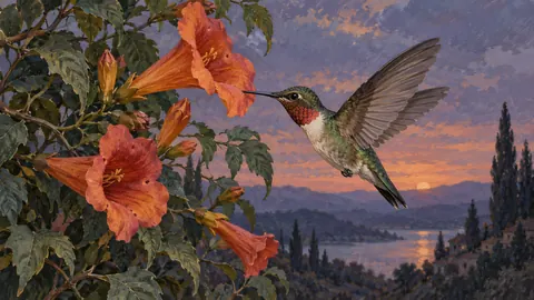 Hummingbird hovering beside trumpet flowers – naturalist gouache Frame TV art