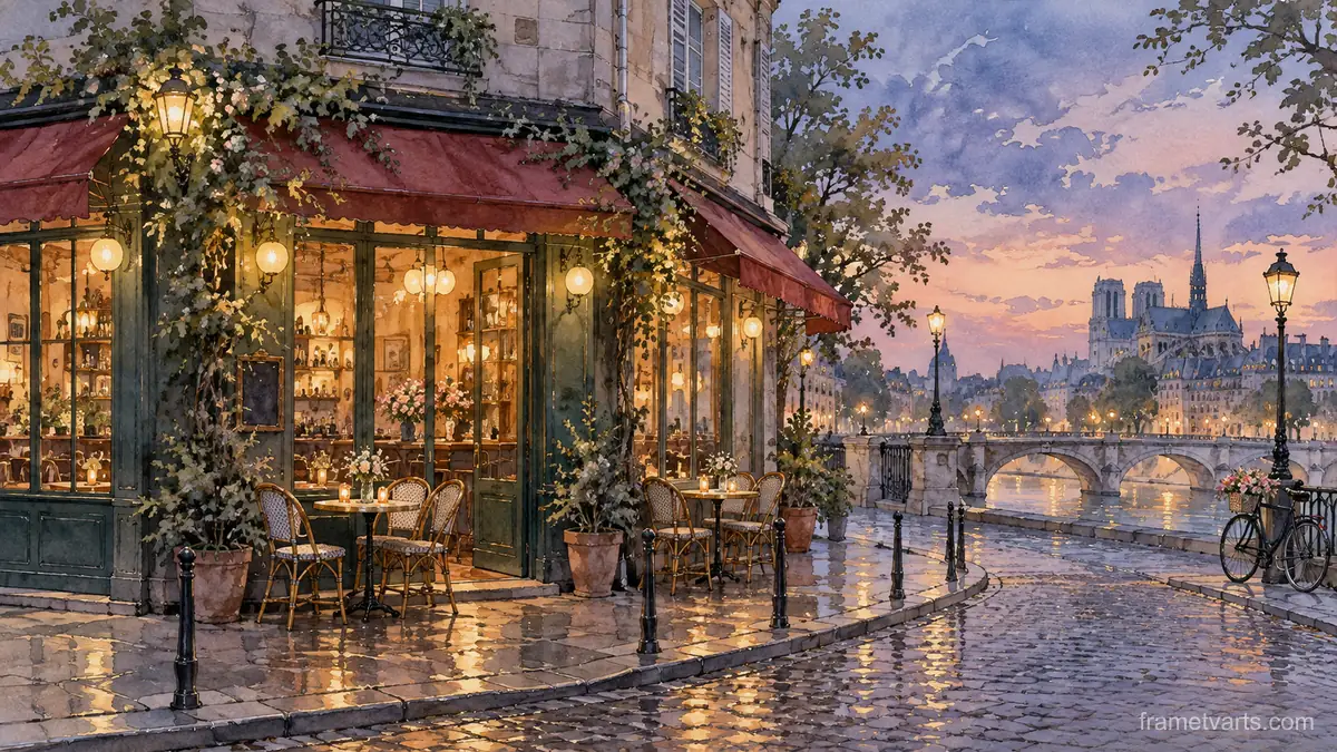 Quiet Paris-inspired corner cafe without lettering – architectural watercolor Samsung Frame TV art, 4K