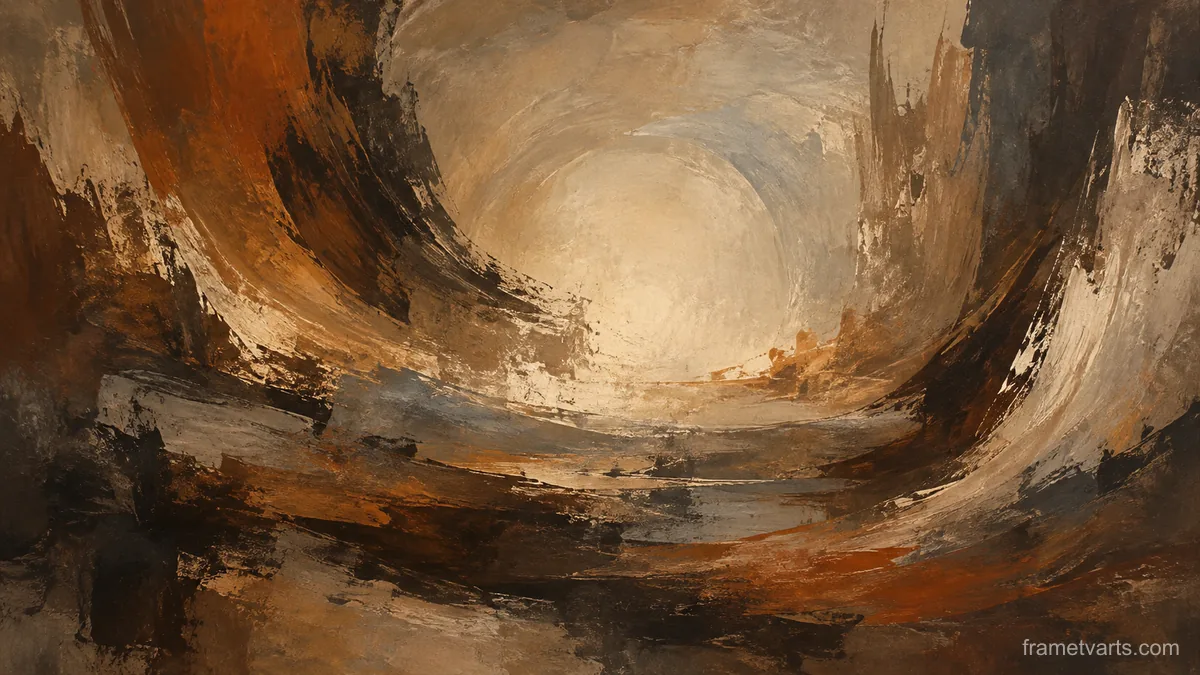 Large gestural brushstrokes around a quiet center – earth-tone textured abstraction Samsung Frame TV art, 4K