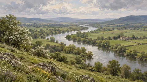 Meandering river through spring pasture – tonal oil painting Frame TV art