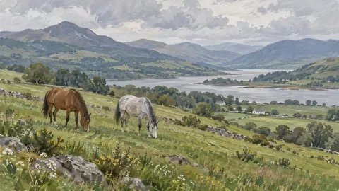 Two horses grazing on rolling pasture – naturalist gouache Frame TV art