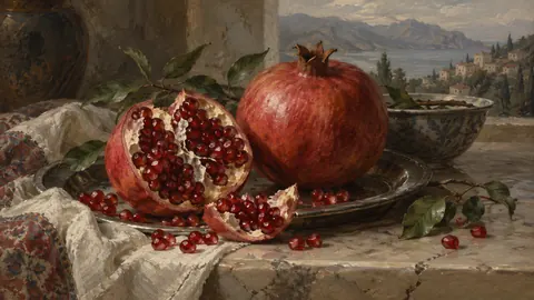 Pomegranate split beside whole fruit – classical oil still life Frame TV art