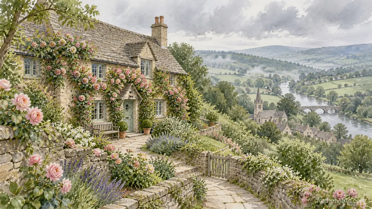 English cottage with a climbing rose garden – architectural watercolor Samsung Frame TV art, 4K