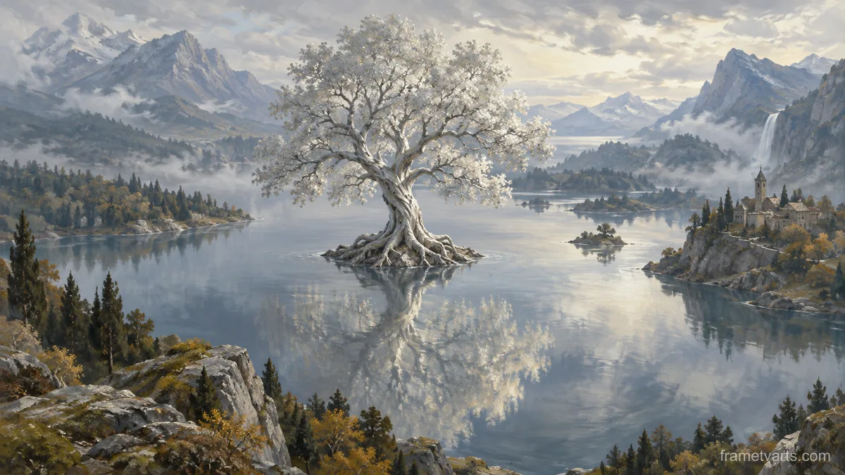 Silver tree growing from a still lake – magical realist oil painting Samsung Frame TV art, 4K